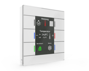 KNX push button 6 rockers, with temperature sensor, with display and with status LED, serie GLASS II SMART, glass white, Ref. BE-GT2TW.01