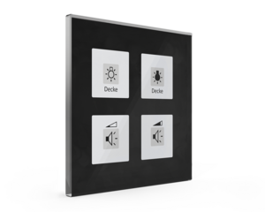 KNX push button 4 rockers, with temperature sensor, with status LED, serie GLASS SERIE, glass black, Ref. BE-GTT4S.01