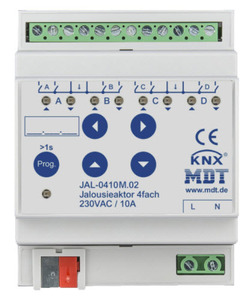 KNX shutter actuator, 4 channel shutter, 230VAC, 8A, 300W, current measurement, DIN rail, Ref. JAL-0410M.02