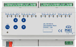 KNX shutter actuator, 8 channel shutter, 230VAC, 8A, 300W, current measurement, DIN rail / flush mount, Ref. JAL-0810M.02