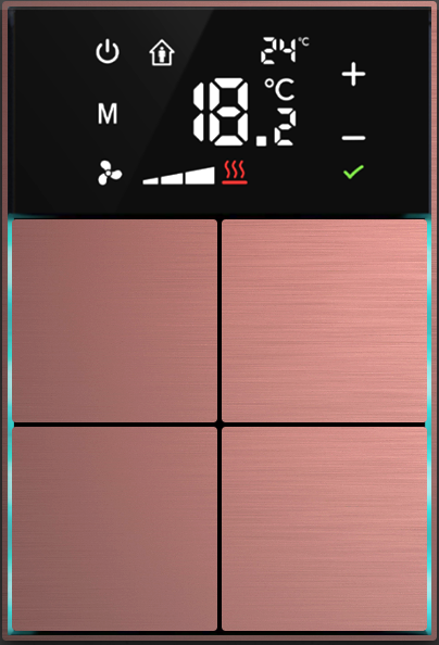 Dora serie KNX Room controller,+ cross design, thermostatic 4-8 gangbutton  metal Alu-eloxal Key with Thermost Antique Copper, Ref. MM1-4T-44-1AC