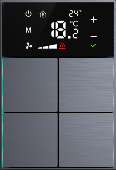 Dora serie KNX Room controller,+ cross design, thermostatic 4-8 gangbutton  metal Alu-eloxal Key with Thermost, Ref. MM1-4T-44-1AG