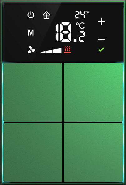Dora serie KNX Room controller,+ cross design, thermostatic 4-8 gangbutton  metal Alu-eloxal Key with Thermost Green Leaf, Ref. MM1-4T-44-1GL