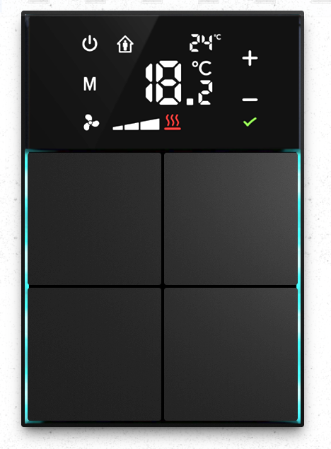 Dora serie KNX Room controller,+ cross design, thermostatic 4-8 gangbutton  metal Alu-eloxal Key with Thermost, Ref. MM1-4T-44-1MB