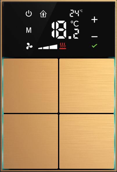 Dora serie KNX Room controller,+ cross design, thermostatic 4-8 gangbutton  metal Alu-eloxal Key with Thermost, Ref. MM1-4T-44-1PG