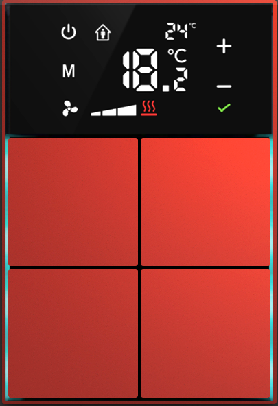 Dora serie KNX Room controller,+ cross design, thermostatic 4-8 gangbutton  metal Alu-eloxal Key with Thermost red cherry, Ref. MM1-4T-44-1RC