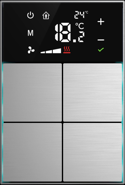 Dora serie KNX Room controller,+ cross design, thermostatic 4-8 gangbutton  metal Alu-eloxal Key with Thermost Royal Silver, Ref. MM1-4T-44-1RS