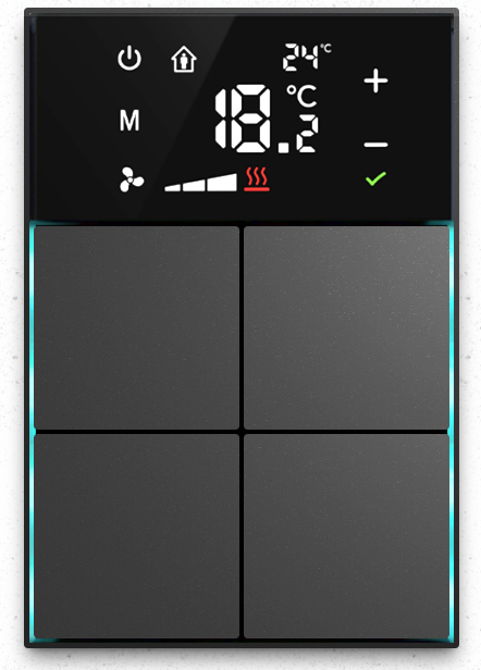Dora serie KNX Room controller,+ cross design, thermostatic 4-8 gangbutton  metal Alu-eloxal Key with Thermost texture Black, Ref. MM1-4T-44-1TB
